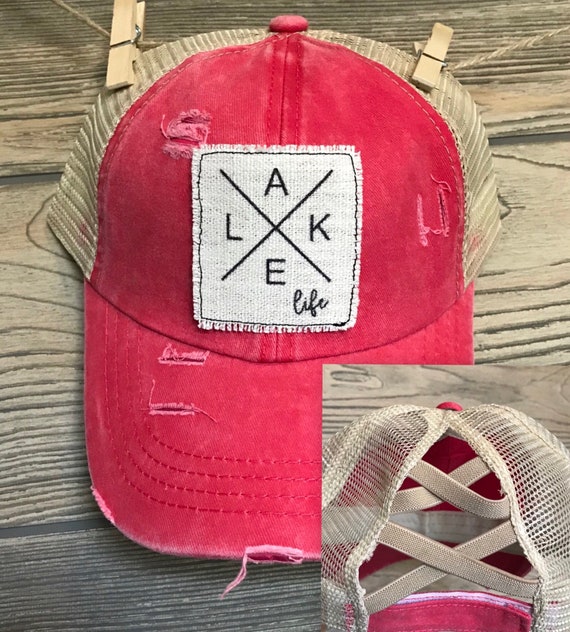 Pink Criss Cross Back Ponytail Lake Hat 