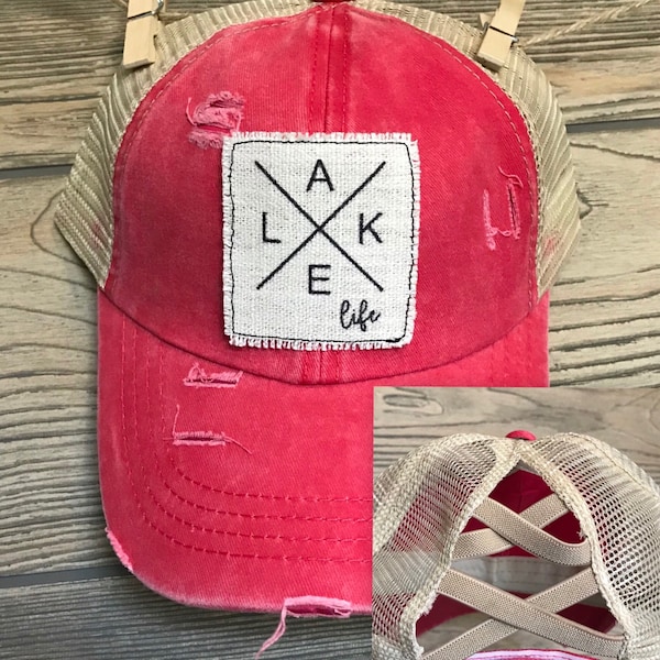 Red / Pink Criss Cross Back Ponytail Lake Hat - Lake Life Hat - Lake Hat - Ponytail Lake Hat - Summer hat - beach hat