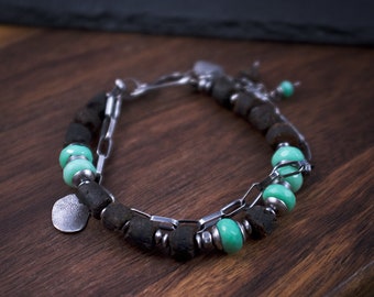 Raw Baltic Amber and Chrysoprase Bracelet - Oxidized Silver Bracelet - Modern Tribal Bracelet - Handmade 925 Bracelet for Women - odki