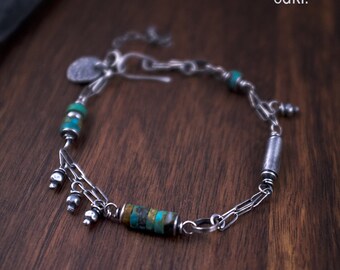 Raw Turquoise Bracelet - Oxidized Sterling Silver Women Bracelet - 925 Silver Charm Bracelet - Stone and Chain Bracelet - Handmade - odki