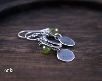 Raw Sterling Silver Earrings with Olive Green Vesuvianite Faceted Stone - Rustic Boho Cluster Earrings - Oxidized 925 Silver Earrings - odki