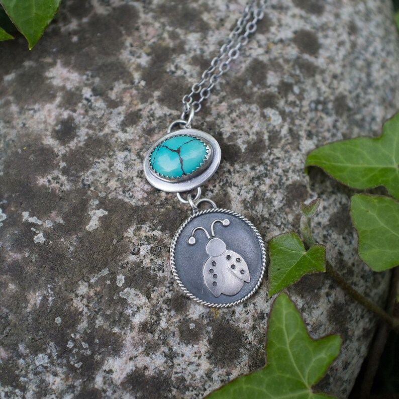 Artisan Made Summer Gift Spring Natural Gemstone Nature Jewelry Silversmith Ladybug Necklace Sterling Silver Turquoise Stone