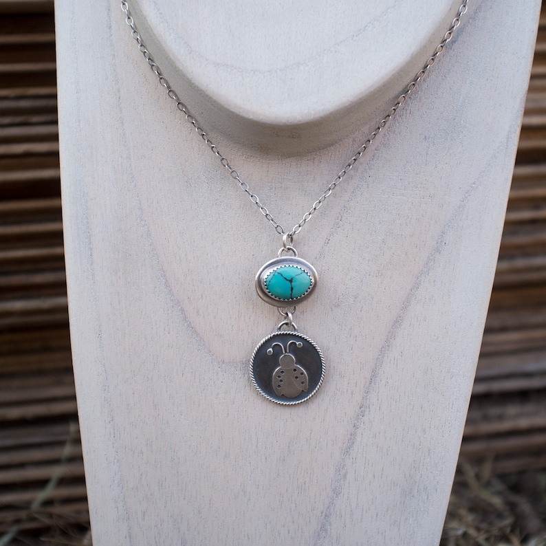 Artisan Made Summer Gift Spring Natural Gemstone Nature Jewelry Silversmith Ladybug Necklace Sterling Silver Turquoise Stone