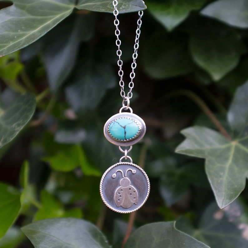 Artisan Made Summer Gift Spring Natural Gemstone Nature Jewelry Silversmith Ladybug Necklace Sterling Silver Turquoise Stone