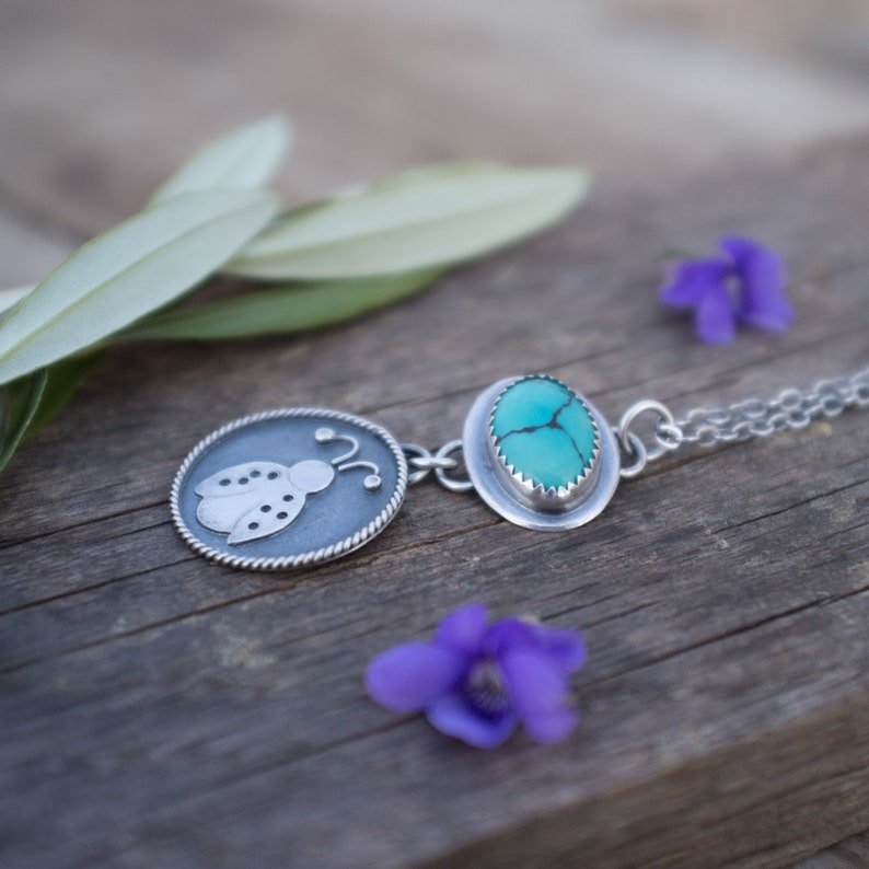 Artisan Made Summer Gift Spring Natural Gemstone Nature Jewelry Silversmith Ladybug Necklace Sterling Silver Turquoise Stone
