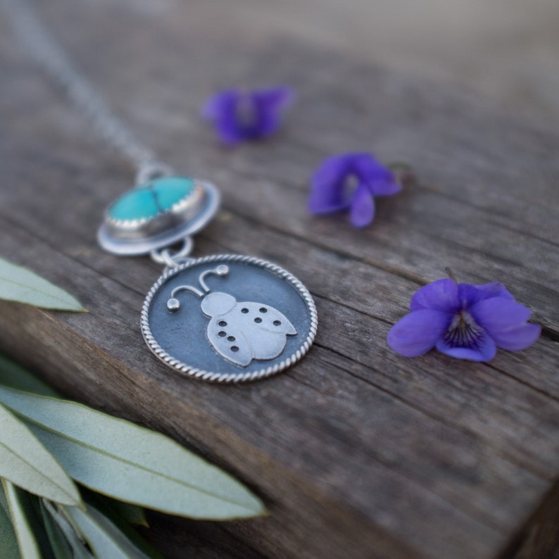 Artisan Made Summer Gift Spring Natural Gemstone Nature Jewelry Silversmith Ladybug Necklace Sterling Silver Turquoise Stone