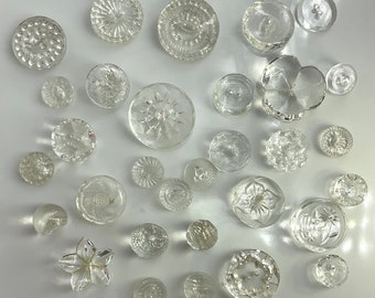 Bulk Lot 30 Vintage Clear Colorless Glass Crystal Old Buttons variety