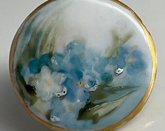 Medium Blue Flowers Antique Porcelain Stud Hand Painted Button Old Gilt Border