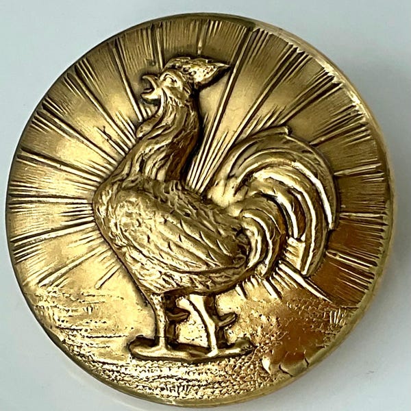 Chicken Rooster Crows at Sunrise Large Metal Vintage Picture Button Old Pictorial