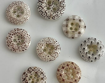 Lot 8 Antique Brown China Calico Buttons old Variety Patterns