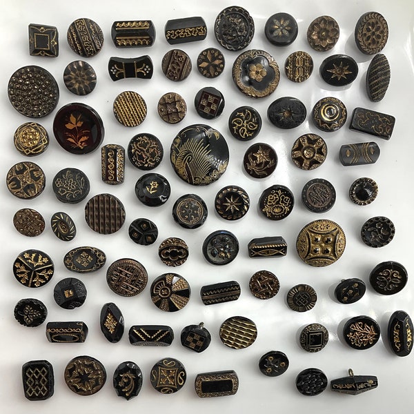 Lot 75 Antique Black Glass Gold Luster Outline Antique Buttons Old Variety