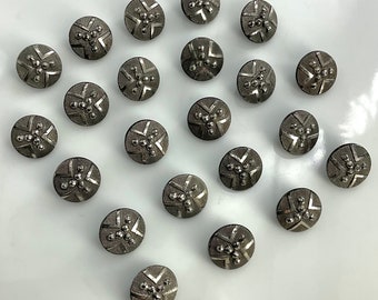 Set 22 Antique Silver Luster Black Glass Geometric Buttons Small Old