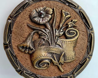 LARGE Antique Wood Background Flowers Scroll Ribbon Cut Steel Floral Button Metal Flower Old