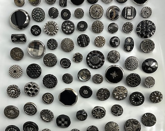 Lot 75 Antique Black Glass Silver Luster Outline Old Buttons Small Medium Variety