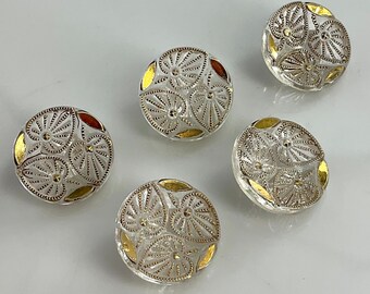 Set of 5 crystal clear colorless Floral Glass Buttons Gold Luster Flowers