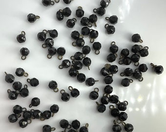 Set 80 Antique Faceted Black Glass Tiny Ball Shape Old Buttons Very Small Doll Clothes