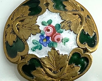 Colorful Flowers Leaves Green White Antique Enamel Metal Button Unusual Trefoil Shape Victorian Old Medium Size Floral
