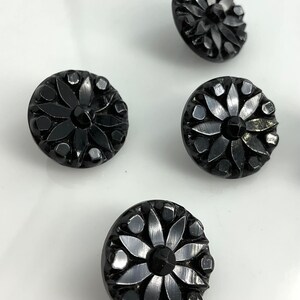 Set 5 Antique Small Black Glass Flowers Buttons Old Floral Botanical image 7