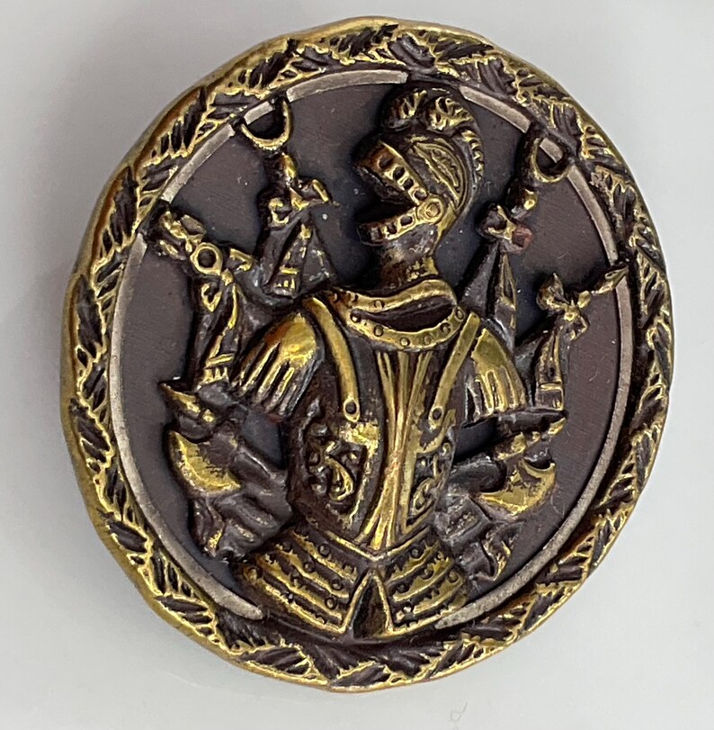 Large Antique Arms Armor Knight Helmet Metal Picture Button Pictorial ...