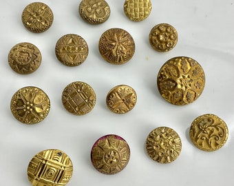 Lot of 15 Antique Gilt Golden Age Buttons Old Variety
