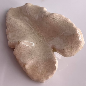 May include: A white ceramic leaf-shaped dish with a textured surface. The dish has a crackled glaze and a slightly irregular shape.