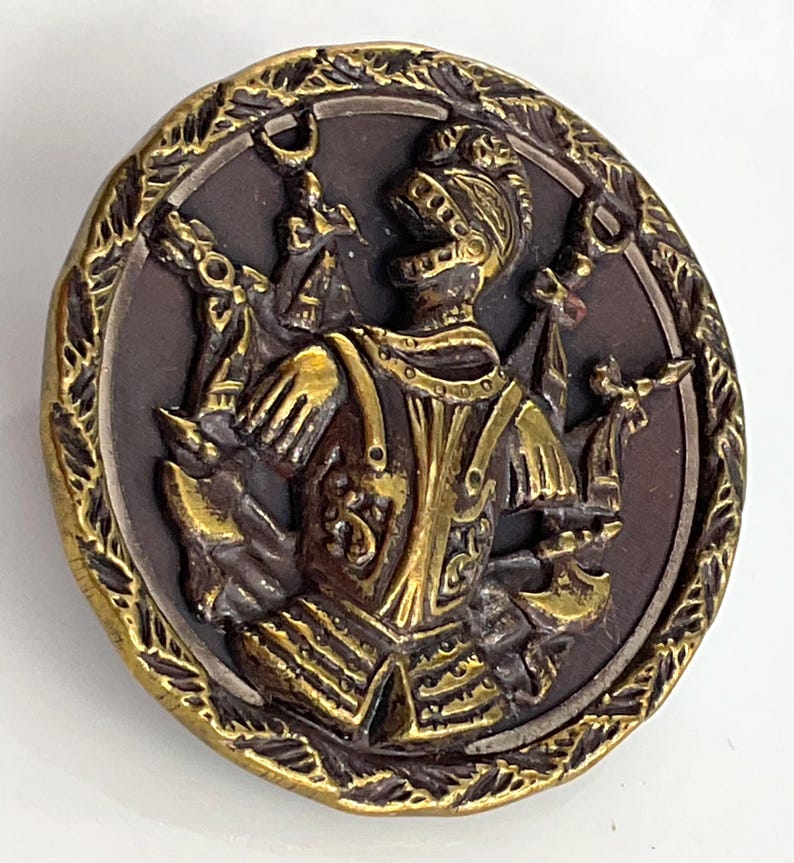 Large Antique Arms Armor Knight Helmet Metal Picture Button Pictorial ...