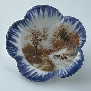 Winter Scene Landscape Porcelain Vintage Flower Shape Button Scalloped Blue Border Medium