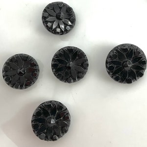 Set 5 Antique Small Black Glass Flowers Buttons Old Floral Botanical image 4