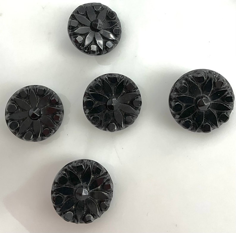 Set 5 Antique Small Black Glass Flowers Buttons Old Floral Botanical image 4