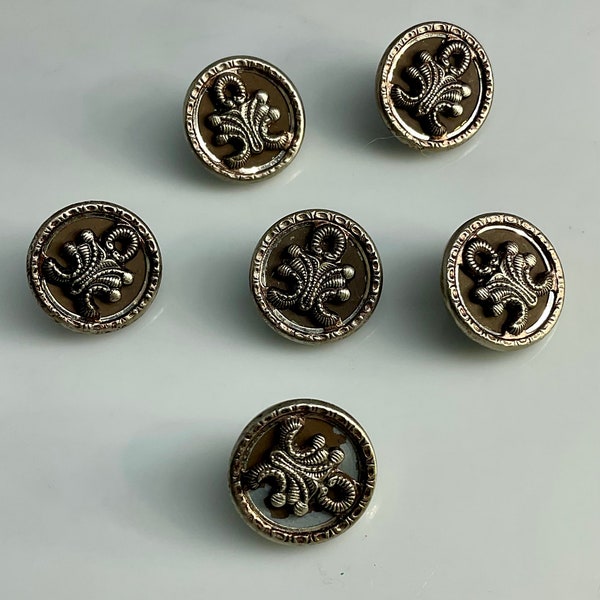 Set 6 Antique Small Metal Fancy Design Buttons Old Victorian