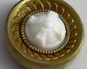 White Milk Glass Center Cross Victorian Medium Padback Shank Button Mounted In Metal Antique Old