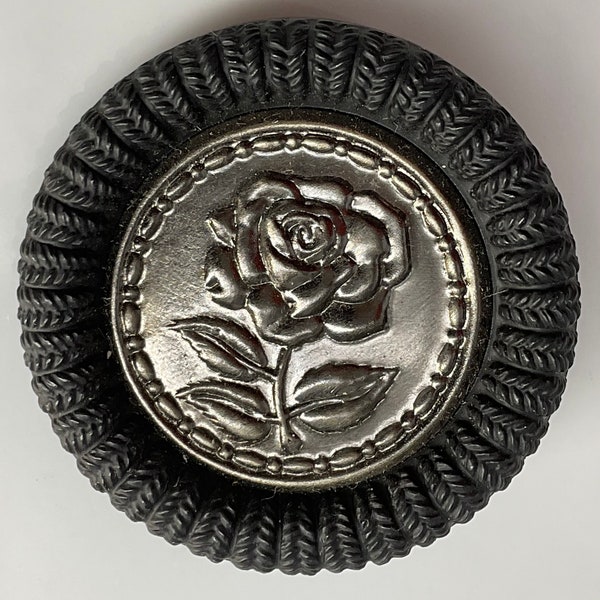 Black Plastic Faux Fabric Border Metal Flower Old Button Large Vintage