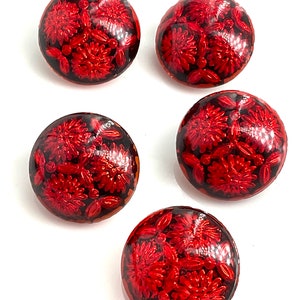 Set 5 Vintage Czech Red Glass Paperweight Buttons Floral Triad Flowers Two Piece