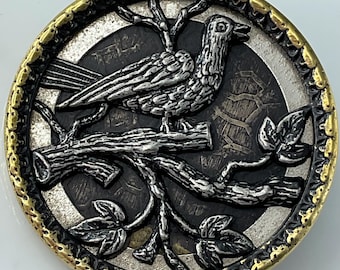 Large Bird On a Branch Metal Antique Picture Button Old Victorian Pictorial