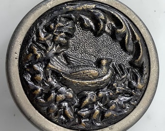 Large Bird Nest Metal Antique Picture Button Foliage Old Pictorial Victorian Botanical