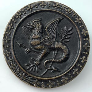 Large Metal Dragon Arrow Fabulous Creature Antique Picture Button Old Victorian