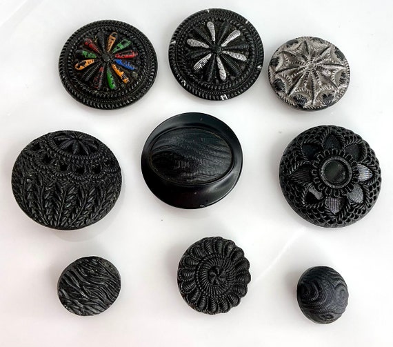Lot 9 Antique Faux Fabric Black Glass Buttons Old Faux Crochet Design Color Tint Medium Small Victorian