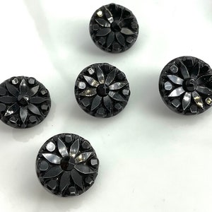 Set 5 Antique Small Black Glass Flowers Buttons Old Floral Botanical image 2