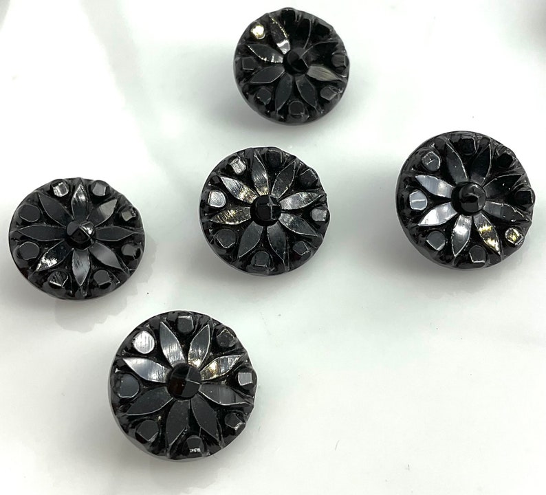 Set 5 Antique Small Black Glass Flowers Buttons Old Floral Botanical image 2