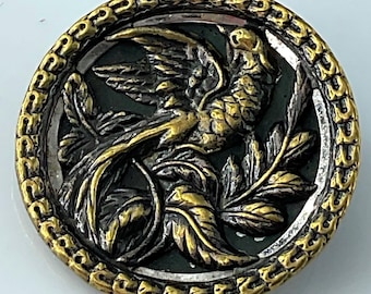 Medium Exotic Bird Foliage Botanical Metal Antique Picture Button Old Victorian