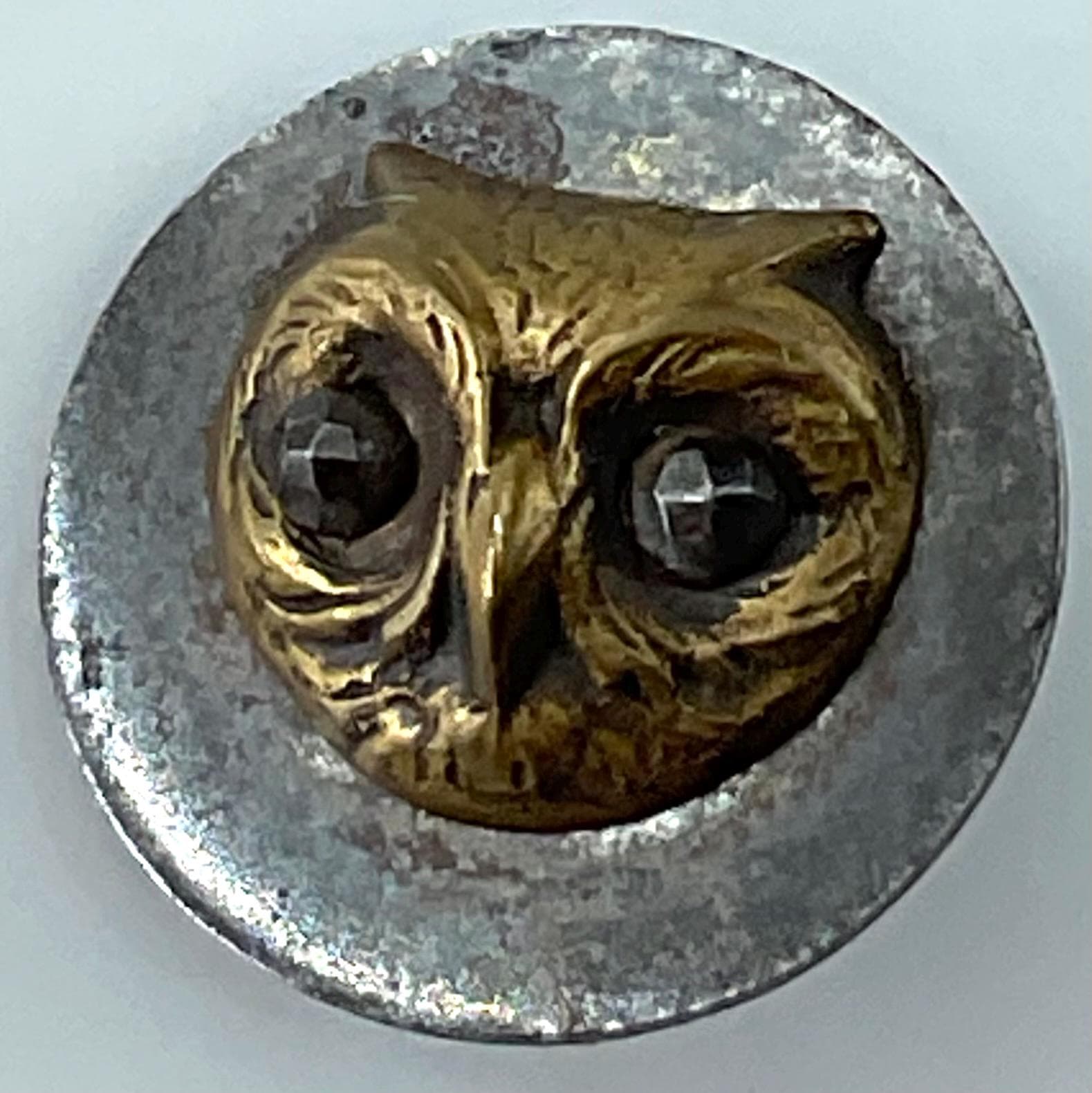 Small Victorian Owl Cut Steel Metal Antique Picture Button Bird Old Pictorial