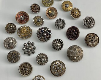 Lot 24 Small Cut Steel Metal Antique Victorian Buttons Flowers Variety Old Floral