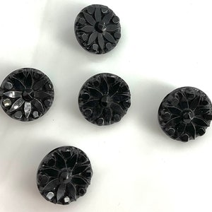 Set 5 Antique Small Black Glass Flowers Buttons Old Floral Botanical image 3