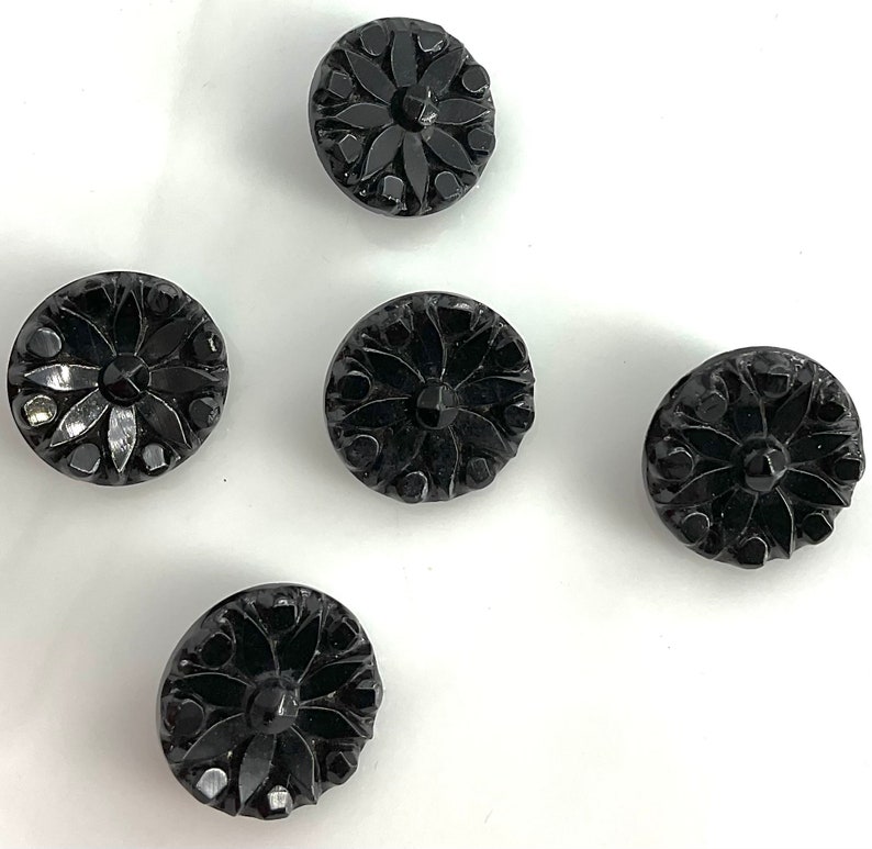 Set 5 Antique Small Black Glass Flowers Buttons Old Floral Botanical image 3