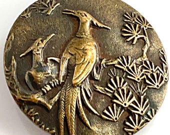 Medium Exotic Birds Foliage Botanical Metal Antique Picture Button Old Victorian