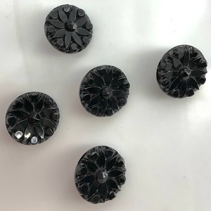 Set 5 Antique Small Black Glass Flowers Buttons Old Floral Botanical image 6