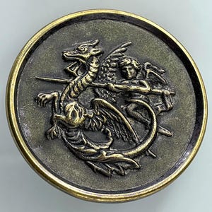 Cupid Dragon Large Antique Metal Victorian Picture Button Old Pictorial Cherub Love Slays Jealousy