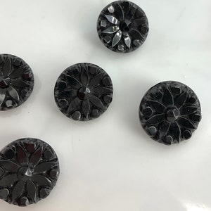 Set 5 Antique Small Black Glass Flowers Buttons Old Floral Botanical image 8