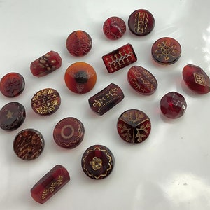 Lot 19 Antique Ruby Red Cranberry Old Glass buttons Gold Outline Embellishments