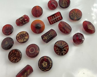 Lot 19 Antique Ruby Red Cranberry Old Glass buttons Gold Outline Embellishments